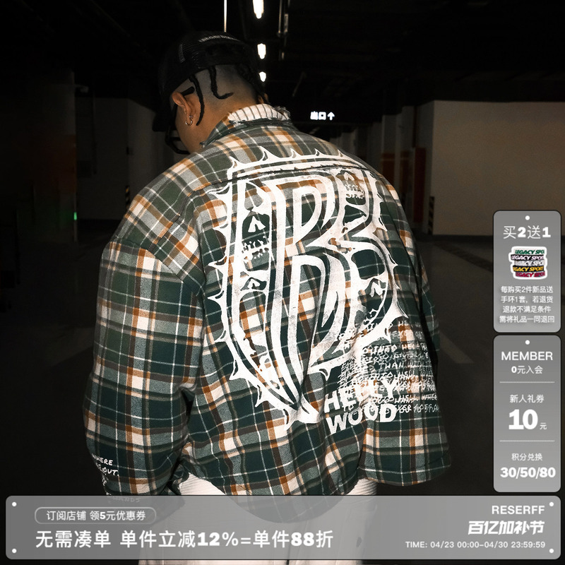 Reserff Hellywood Retro Plaid Stripe Print Distressed Oversized Jacket Cotton Coat