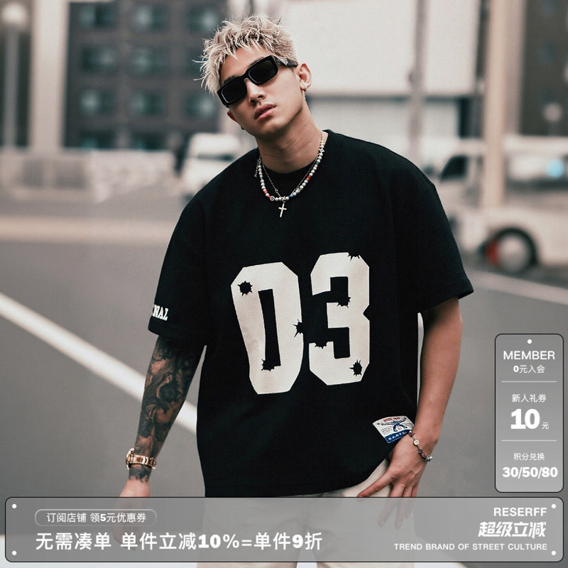 Reserff Single Mission Behind-The-Scenes Dealer American-Style Loose Printed Waffle Jersey Short-Sleeved Men's Shirt