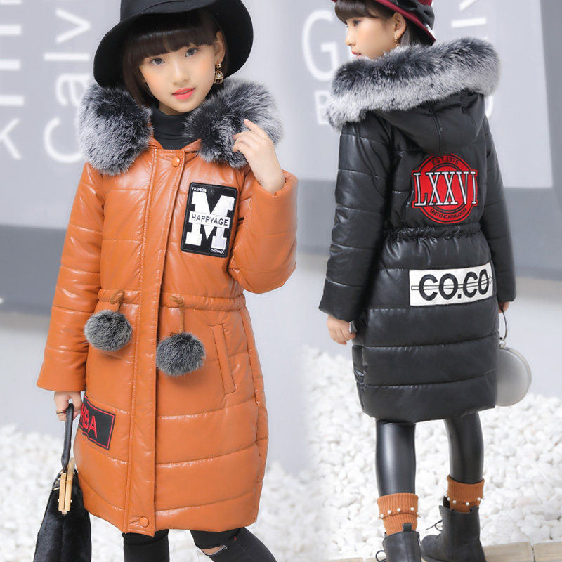 2018冬季新款女童pu皮棉衣中长款休闲加厚棉