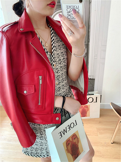 2025 Spring and Autumn New Genuine Leather Jacket Women's Versatile Short Slim Slim Motorcycle Jacket Liu Wen's Same Style