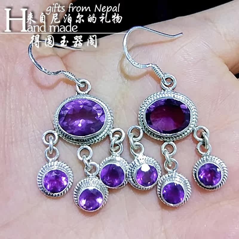 Серьги 尼泊尔印度手工925银镶天然紫水晶耳环捕梦网耳坠流苏复古民族风 OTHER