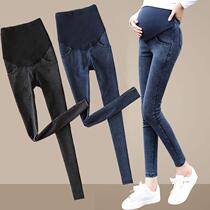 Pregnant women jeans spring and autumn thin pregnant women pants autumn and winter clothes plus velvet tide mother wear belly elastic small foot trousers
