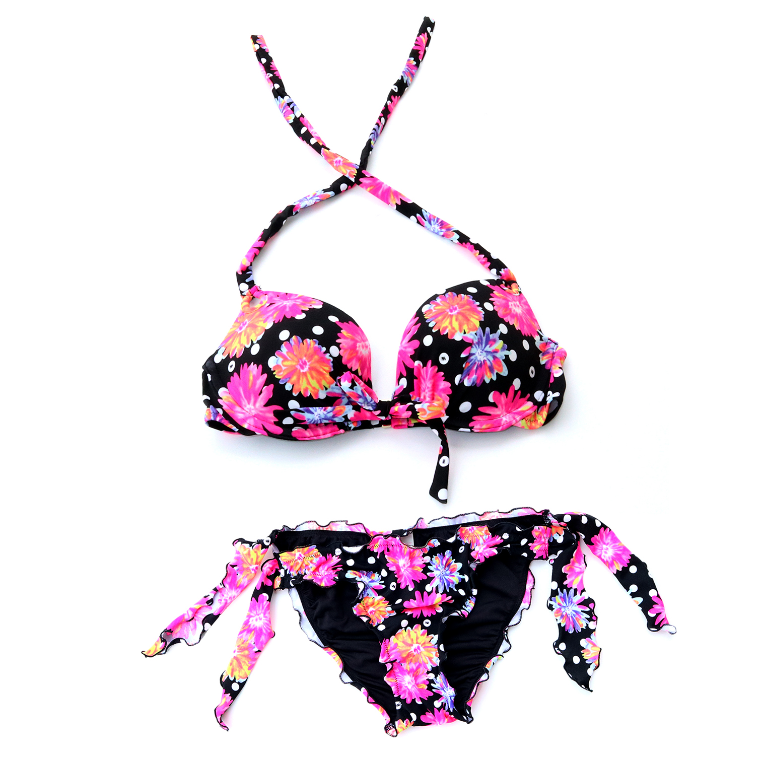 Quần ống rộng màu đen in bikini siêu gợi cảm siêu quần siêu gợi cảm quần bơi nữ nơ lớn ngực áo tắm - Bikinis áo tắm cao cấp