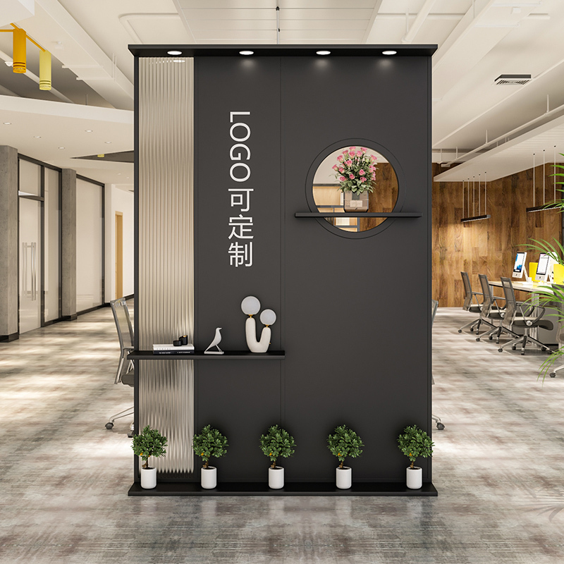 Simple Modern Wrought Iron Office Partition Screen Entrance Foyer Long Rainbow Glass Front Desk Enclosure Image Wall