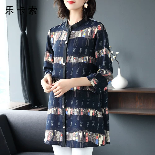 Осенняя длинная рубашка для матери, летняя одежда, шифоновая футболка, средней длины, в западном стиле, для среднего возраста