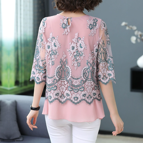 Кружевная летняя одежда для матери, шифоновая футболка, коллекция 2021, для среднего возраста