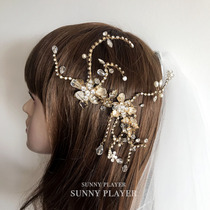Bridal headdress Hair band Korean super fairy shaking sound net red high-grade head flower pearl handmade catwalk performance princess accessories
