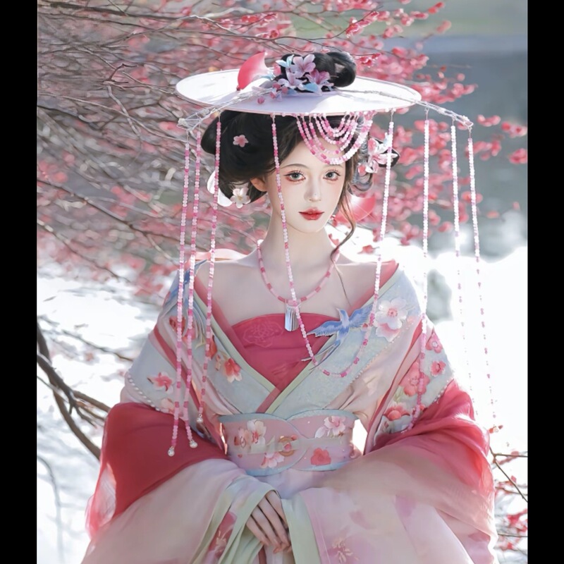 The Same Style as the Begonia, Ancient-Style Beaded Curtain Hat, Pink and Blue Beaded Tassel Face Curtain, Photo Props, Fairy-Like