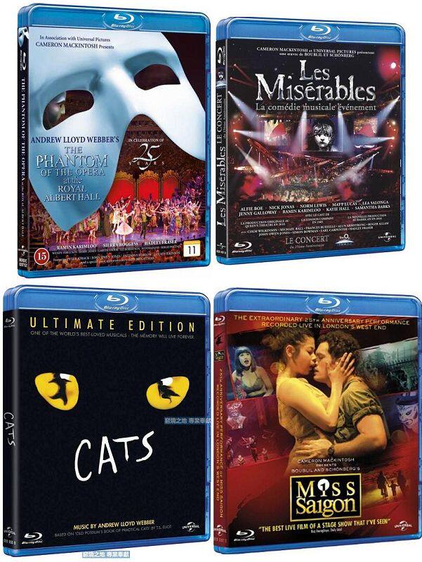 Four Musicals: Phantom of the Opera Miss Saigon Les Miserables The Cat (Stage Version) 4-disc Blu-ray 50G