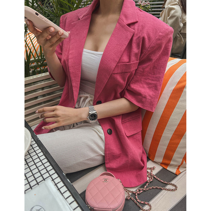Rose Red Small Suit Jacket for Women, Summer and Autumn Thin Loose Mid-Length Short-Sleeve Coat, Korean Style Retro Casual Elegant Top