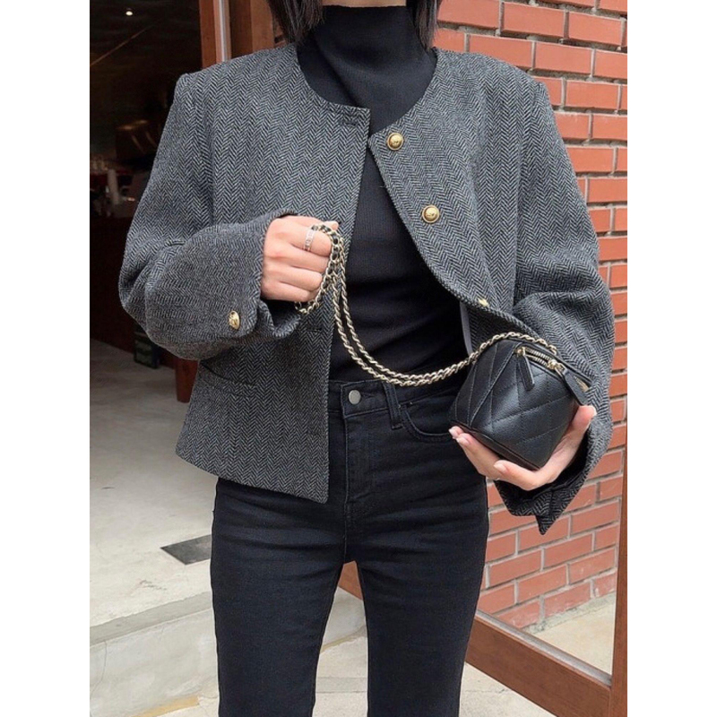 Herringbone Woolen Tweed Jacket for Women, New Autumn Style, Round Neck, Gold Buttons, Short Retro Style, Slim-Fit Blazer