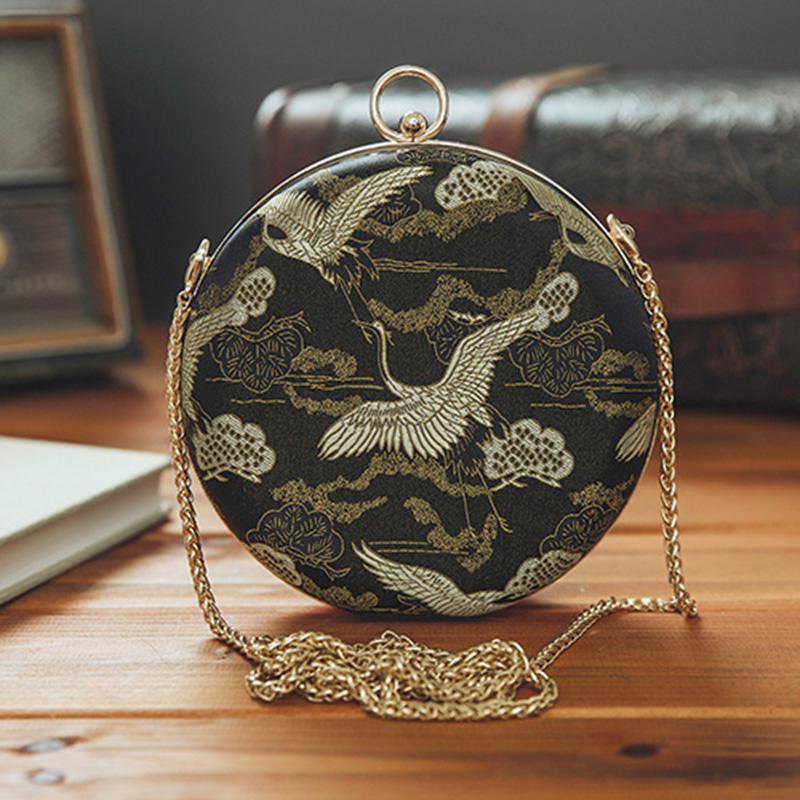 Handmade Silk Crane Box Retro Dinner Messenger Shoulder Bag Female 2022 New Messenger Bag Round