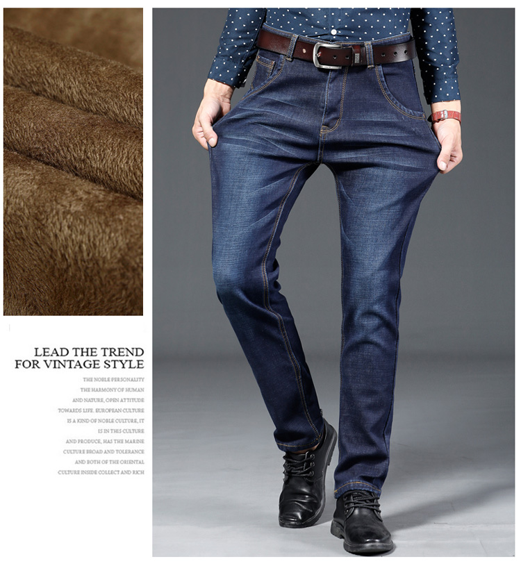 Mùa đông 2018 co giãn dày cộng với quần jeans nhung nam rộng mút thẳng cao eo ấm áp với quần nhung nam quần thể thao