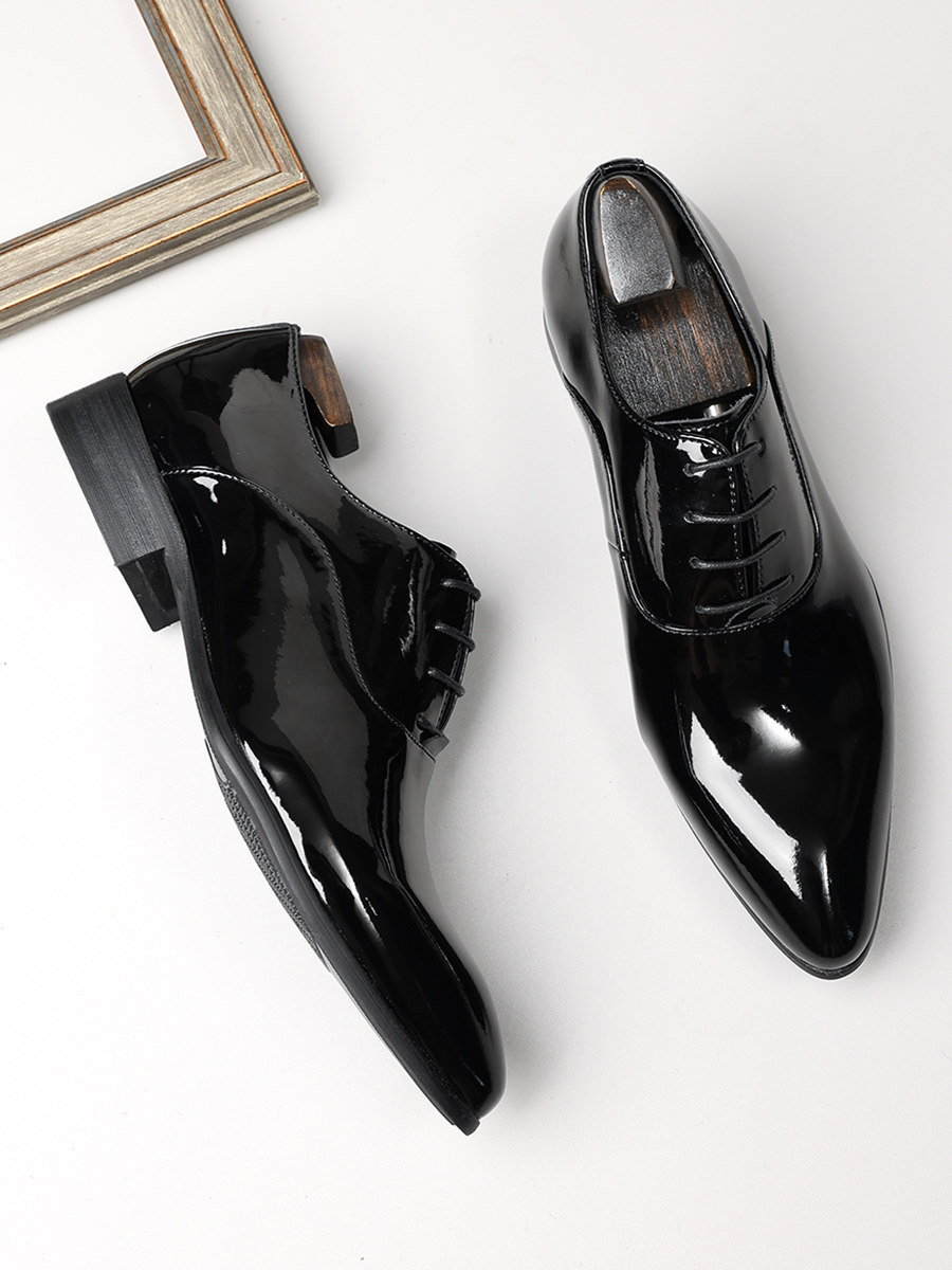 Men's Leather Shoes, Business Formal Wear, Genuine Leather, Glossy Oxford Shoes, Trendy Pointed Toe Lace-Up British Suit, Wedding Groom's Shoes