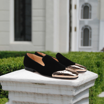 Piergitar Black Velvet Front Bullock Punched Copper Buckle Mens Handmade Loafers British Smoking Shoes