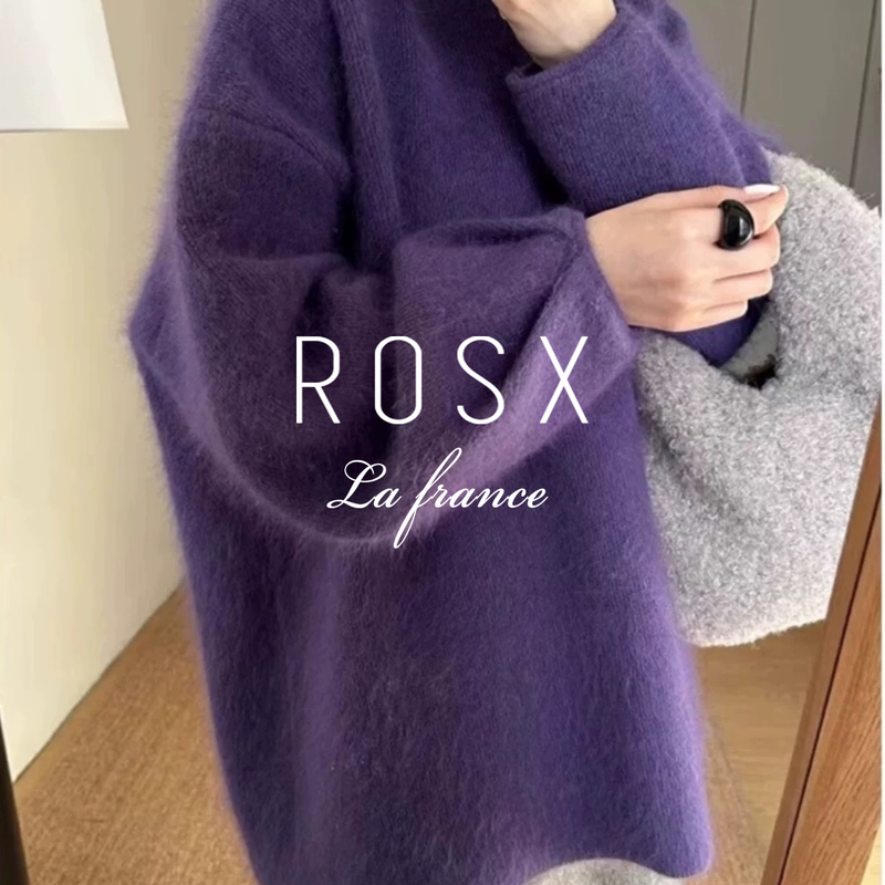 Rosx French High-End Grape Purple Loose Knitwear for Women in Autumn and Winter, Lazy Style Mid-Length Loose Knitwear