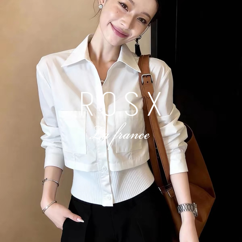 Rosx French-Style Niche Design Patchwork Knit Waist-Cinching Shirt for Women, New Autumn Model, Elegant Commuter Short Shirt