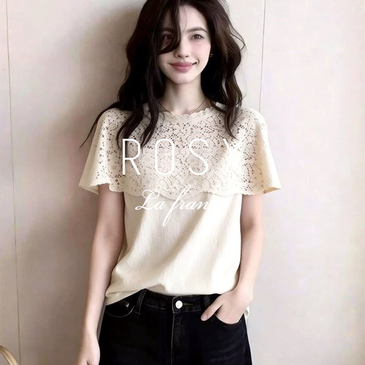Rosx French-Style White Lace Hollow-Out Faux Two-Piece Short-Sleeve T-Shirt for Women, Summer Design with a Stunning Cape Top