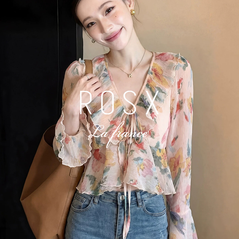Rosx French-Style Ruffled V-Neck Tie Floral Shirt for Women, New Spring/Summer Model, Camisole Outerwear with Sheer Sun Protection Cover-Up