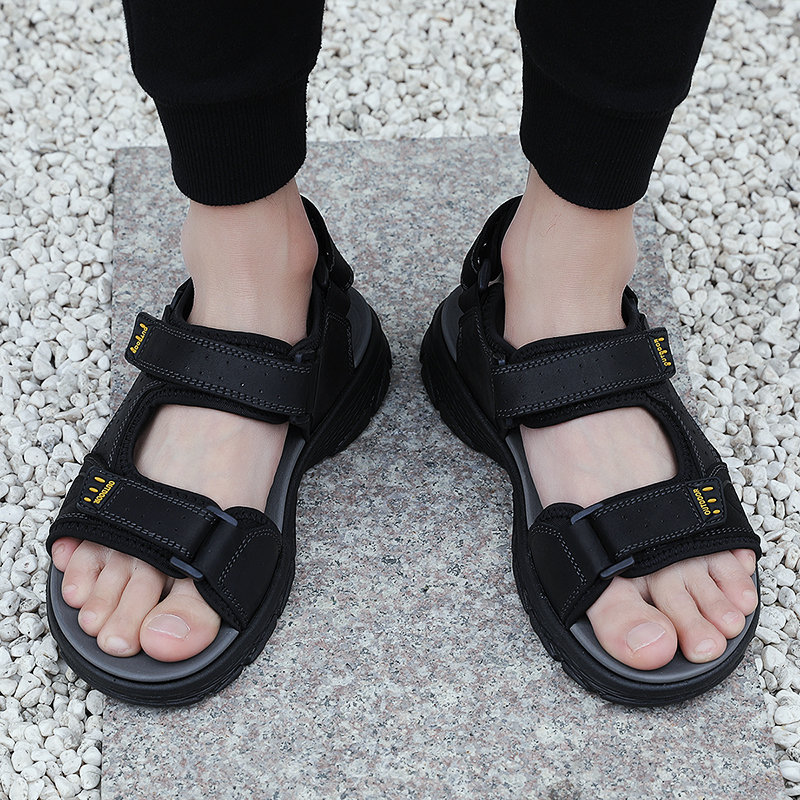 West Domain camel genuine leather sandals men's summer outside wearing open-toe sweats soft-bottom Vietnamese sports casual black beach shoes