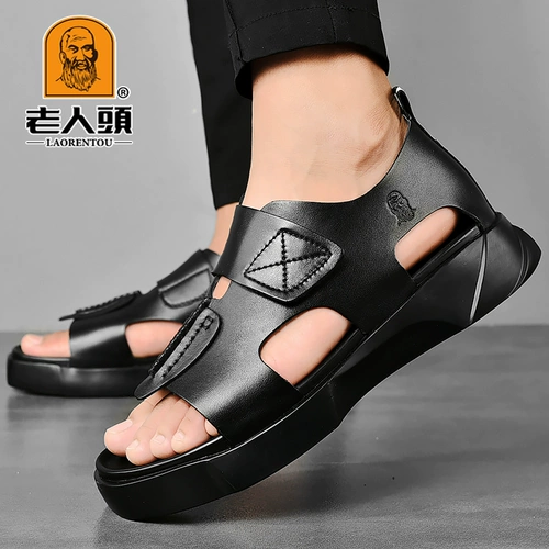 老人头 Слайдеры, летние тапочки, кожаная пляжная обувь на платформе, из натуральной кожи, воловья кожа