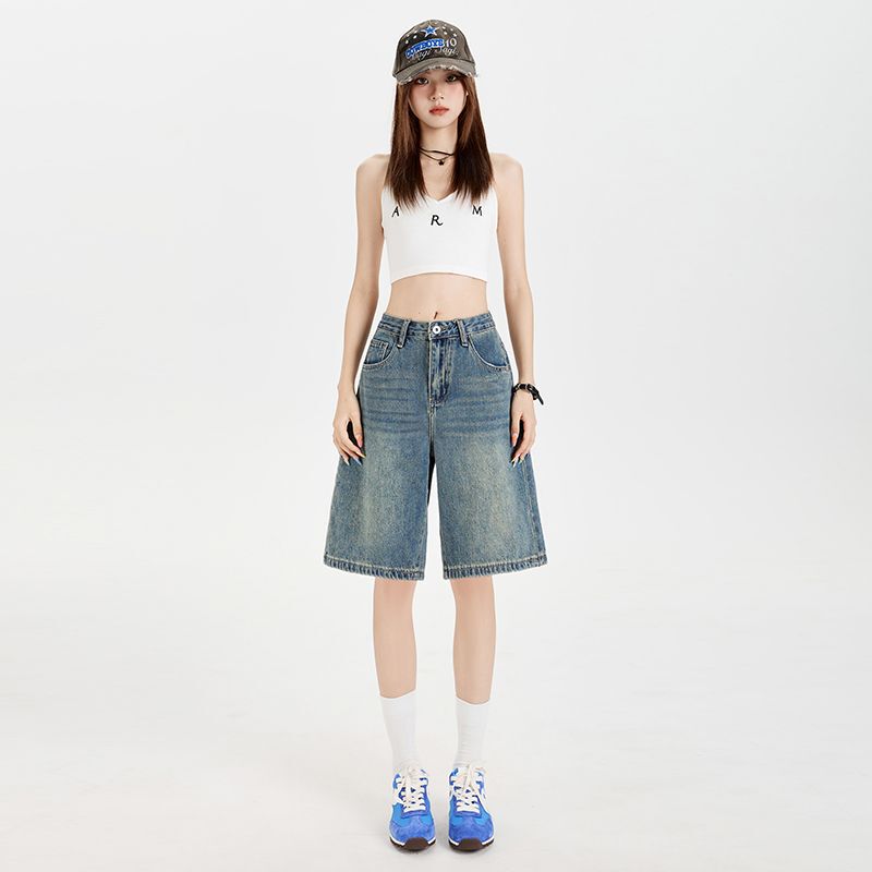 Vintage Five-Point Denim Shorts for Women, 2026 Summer New Style, Loose Fit, Slimming A-Line High-Waisted Straight-Leg Hot Girl Five-Point Pants Vintage Five-Point Denim Shorts for Women, 2026 Summer New Style, Loose Fit, Slimming A-Line High-Waisted Straight-Leg Hot Girl Five-Point Pants