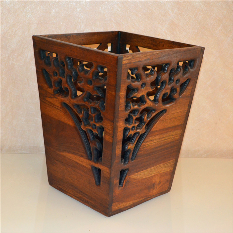 Southeast Asia style Thailand solid wood wooden trash can Household solid wood creative retro paper basket Dry flower bucket storage basket