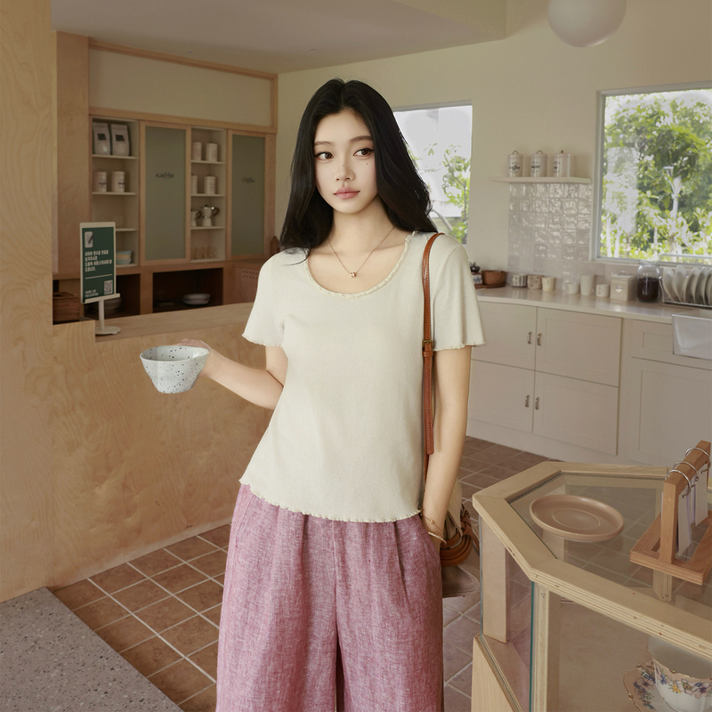 Lao Yang's Clothing Me【Ruffled T】Cotton Ruffle Minimalist Solid Color Slimming Versatile Spring/Summer Short-Sleeve T-Shirt Top Lao Yang's Clothing Me【Ruffled T】Cotton Ruffle Minimalist Solid Color Slimming Versatile Spring/Summer Short-Sleeve T-Shirt Top