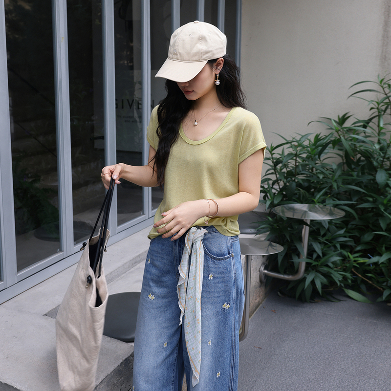 Laoyangjia Clothing Me Capri T-Shirt Tencel Linen Ice-Soft Stretch Minimalist Fashion Versatile Knit Short-Sleeve Women's Top