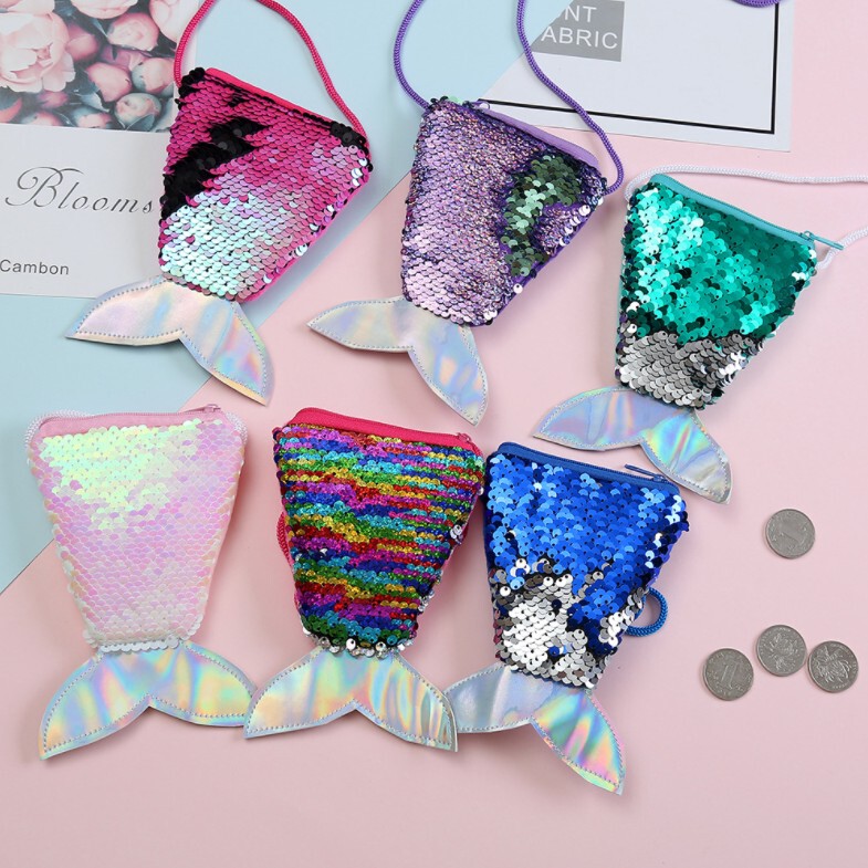 Mermaid Tail Sequin Fashion Girl Coin Purse Lanyard Coin Bag Small Wallet Children's Shoulder Crossbody Small Bag