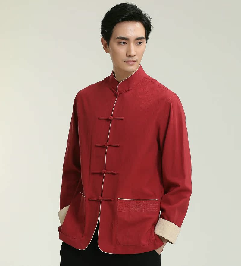 Mùa xuân và mùa thu nam giới Cotton và linen Retro Tang phù hợp với nam Áo dài tay Áo quốc phục Trang phục nhỏ Tuổi trẻ Trà Quần áo Quần áo bảo hộ lao động nam đồ bộ đẹp