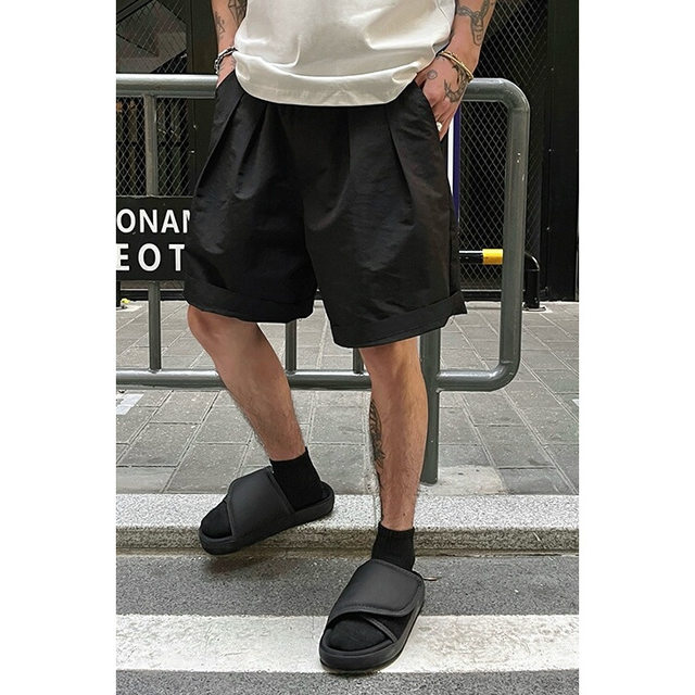 New summer double pleated shorts men's silhouette loose five-point pants trendy casual and versatile outside wear American ins
