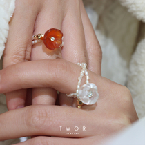 TWOR 2021 spring and summer new original handmade crystal agate flowers natural pearl ring retro