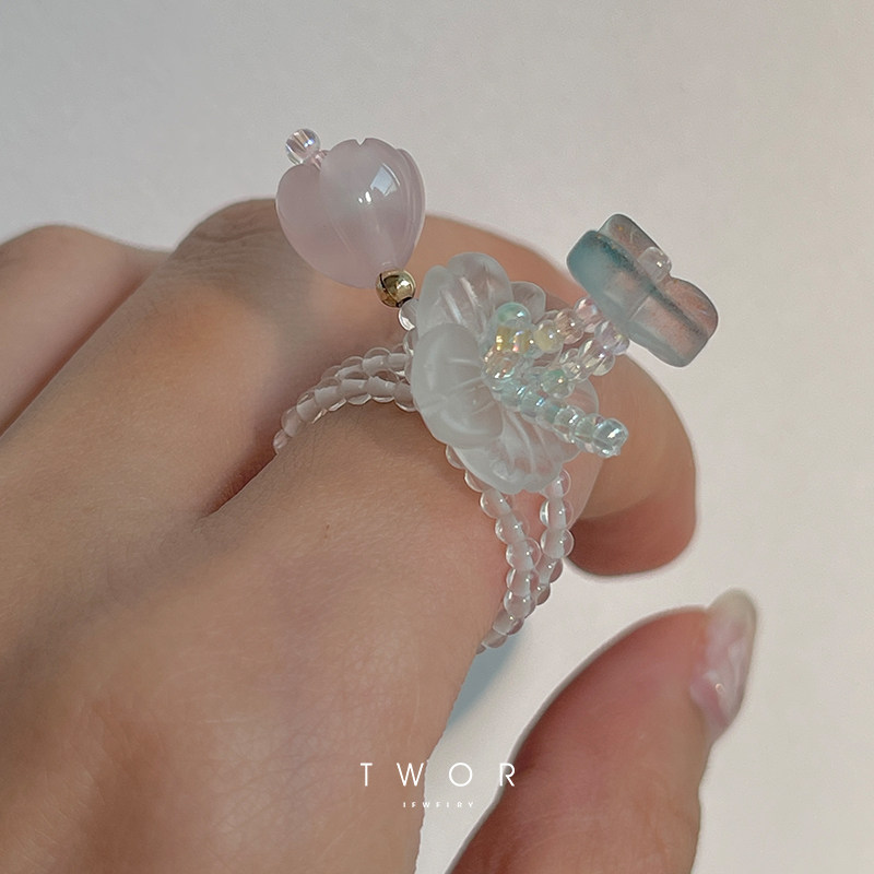 TWOR Spring/Summer 2021 New Butterfly and Flower Original Handmade Beaded Index finger Ring Niche Design