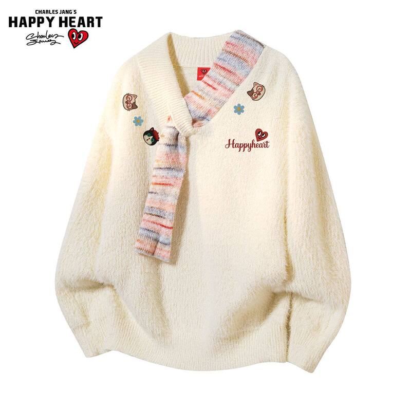 Charles Heart Kitty Print Scarf Patchwork Lazy Sweater Unisex Winter New Christmas Casual Knitwear