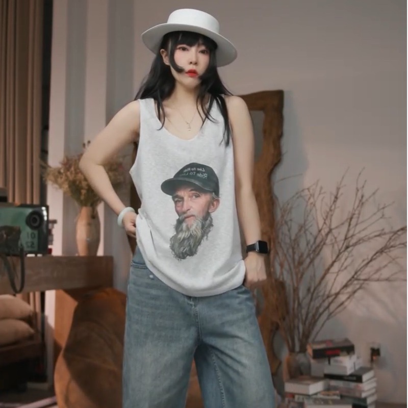 Infobyfive2026 Summer New Vintage Old Man Portrait Print U-Neck Camisole Nf0606018