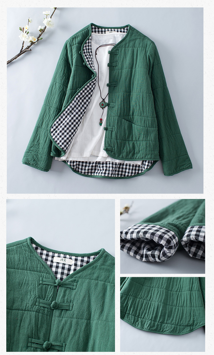 Qing triều đại văn học retro khóa Trung Quốc phong cách rắn màu áo khoác bông mùa đông cotton lanh bông phụ nữ vải lanh cotton quần áo phụ nữ áo phao nữ cổ lông