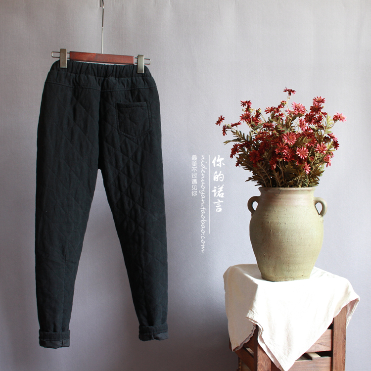 Dây rút thun eo retro văn học quạt nhỏ chân cotton quần màu rắn lanh áp lực dòng quần ấm áp nữ mùa đông quần tập gym nữ