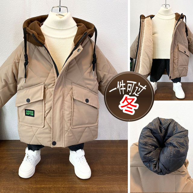 Boys' winter cotton-padded clothes 2022 new winter plus velvet thickened coats for big children and children's mid-length cotton-padded clothes for boys