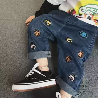 LANIKIKI custom 21 spring and autumn boys cute cartoon animal embroidery pattern curly thin jeans
