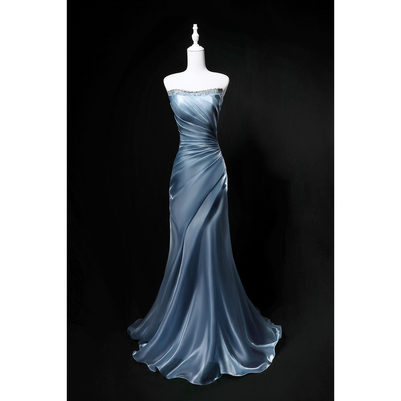 Beaded Strapless Mermaid Dress for Women, Baby Blue, Suitable for Hosting, Coming-Of-Age Ceremony, Long Dress, Performance, Toast Dress, High-End Evening Wear for Women
