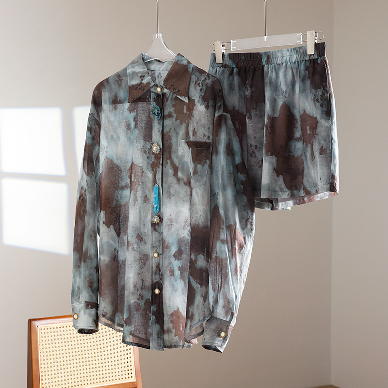 Mokew Spring and Summer 100% Ramie Tie-Dye Long-Sleeve Sun Protection Two-Piece Fashion Shorts Set, Thin and Loose New Style