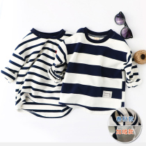 Boy plus velvet long sleeve T-shirt cotton autumn and winter 2021 New Korean tide baby coat childrens stripe base shirt