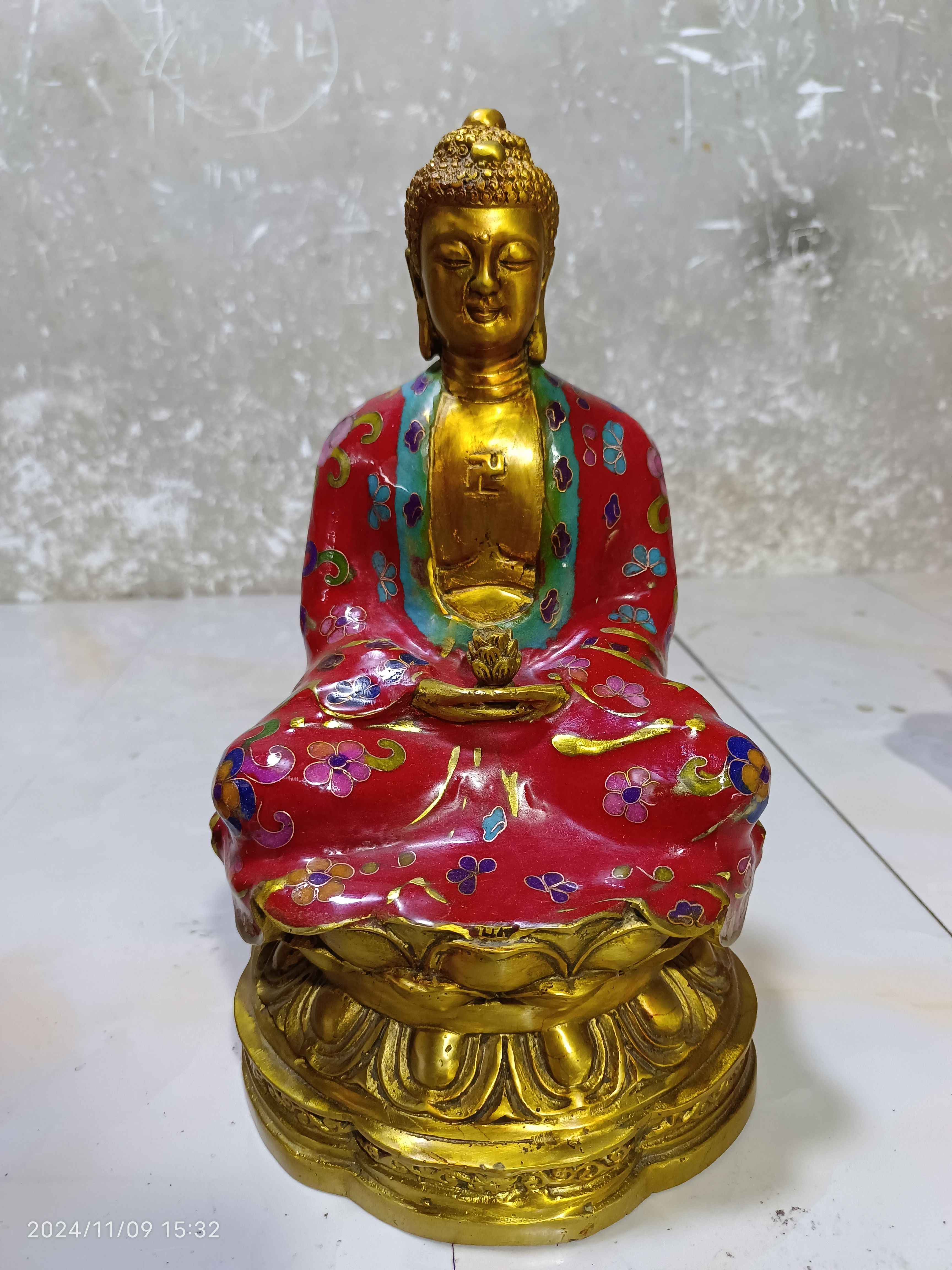 旧藏纯铜景泰蓝手工掐丝珐琅彩笑纳百财大号黄金