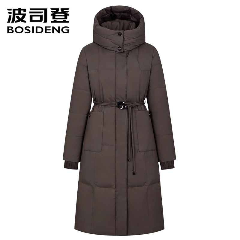 Bosideng New Winter down Jacket for Women, Long Over-The-Knee Business Casual Style, Waist-Cinching, Detachable Hood, Goose down Coat