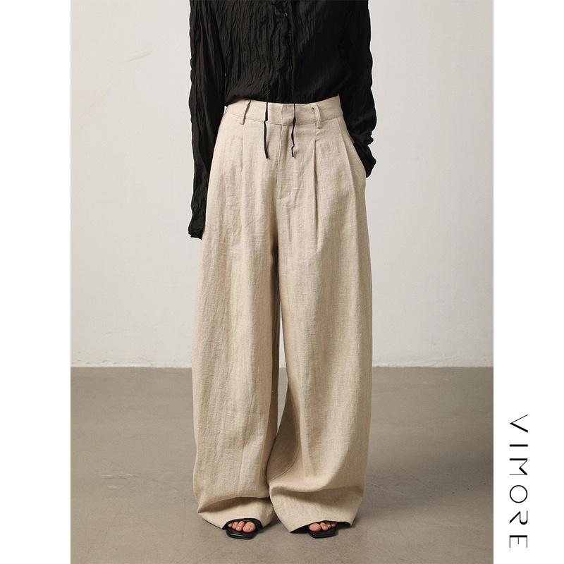 Vimore Ramie Wide-Leg Pants Autumn High-Waisted Loose Versatile Casual Long Pants Drapey Straight-Leg Floor-Length Pants