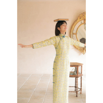 Jasmine cheongsam eight-point sleeve full-open long retro daily printed linen cheongsam fireworks March