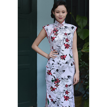 Jasmine cheongsam spring and summer small sleeve half open double inlay long daily printed linen cheongsam to oak tree