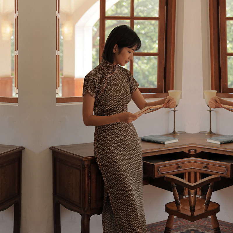 Jasmine spring and summer short-sleeved and full-sleeve full cardigan wide wrap-edge mid-length style retro daily chiffon cheongsam Suihe