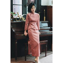 Jasmine Cheongsam eight-point sleeve side zipper mid-length literary retro improved daily corduroy cheongsam coral